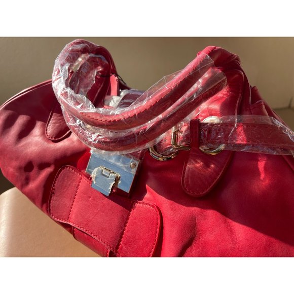 NWT Chocolat Blu Red Leather Handbag Belted and Clasped Top - Picture 2 of 5